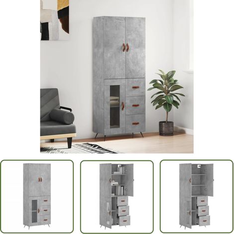 The Living Store Buffet haut Gris béton 69,5x34x180 cm Bois d'ingénierie - Buffet Design Moderne - Meuble De Rangement Gris - Armoire Élégante - Buffet Haut - Mobilier Salon (1/5)