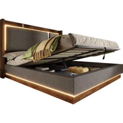 CHICFURN Lit coffre 180x200 cm capitonné avec LED, sommier à lattes, relevage hydraulique, tête de lit rétro, tissu gris, bois foncé, sans matelas (1/5)