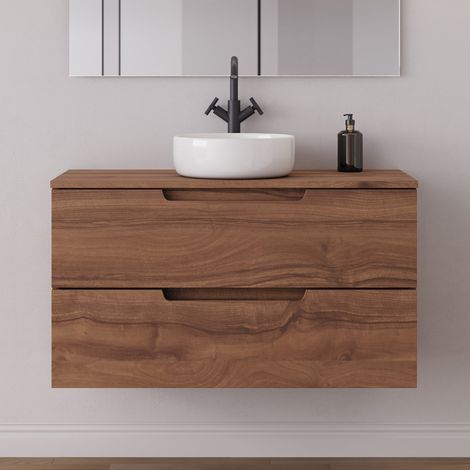 Meuble de salle de bain 100cm avec plateau et vasque à poser ronde - 2 tiroirs - sans miroir - noyer (bois foncé) - SONRIZA (1/5)