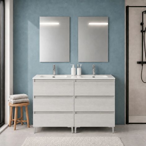 Mobile bagno a terra 120 cm quercia bianca tre cassetti e doppia vasca Leda (1/5)