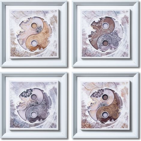 DekoArte - Quadri Moderni Soggiorno YING YANG MANDALA 30x30 cm x4 pezzi - Set di Quadri con Cornice Bianco (1/5)