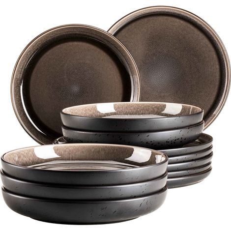 Série Niara Service de table moderne pour 6 personnes au look vintage passionnant 12 pièces en céramique gris et noir, grès (1/5)