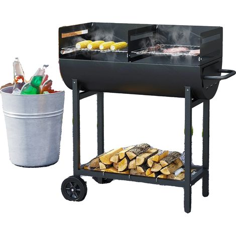 Gril à charbon, 90 x 45 x 96 cm, Hauteur réglable 82-94,5 cm, Deux sections de grillade indépendantes, Roues pivotantes, Résistance à la chaleur jusqu'à 300 ℃ (1/5)
