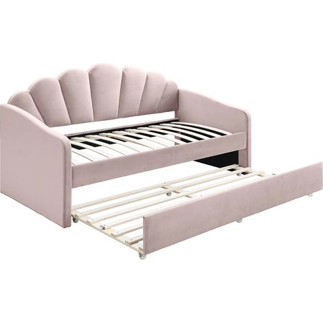 Lit gigogne coquillage 2 x 90 x 190 cm - Velours - Rose - ELUSIA (1/5)
