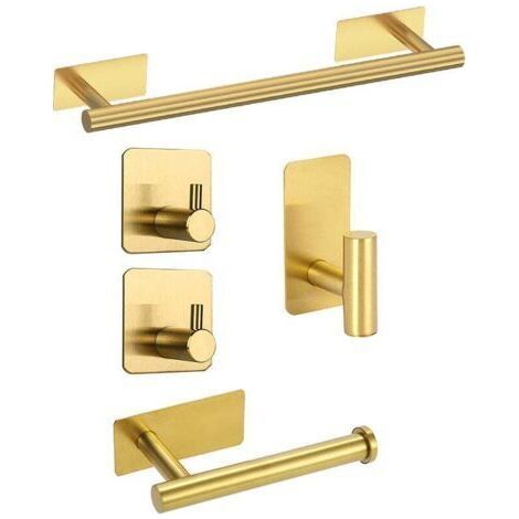 Porte-serviettes en acier inoxydable, barre à serviettes de salle de bain, ensemble de suspension de salle de bain 5 pcs, aucun trou nécessaire, doré (1/5)