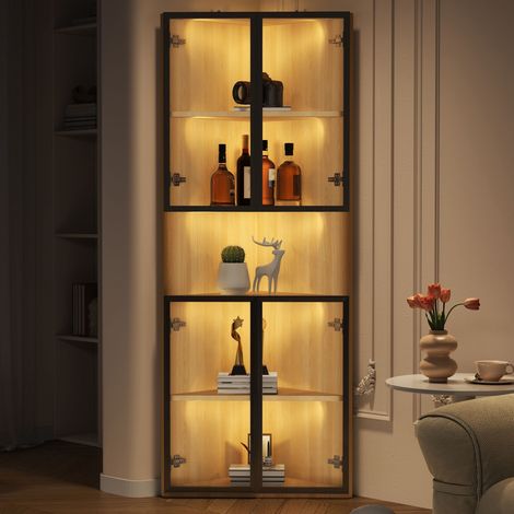 Vitrine LED verre 62x32x160 cm chêne, éclairage intégré, anti poussière, vitrine collection salon bureau
