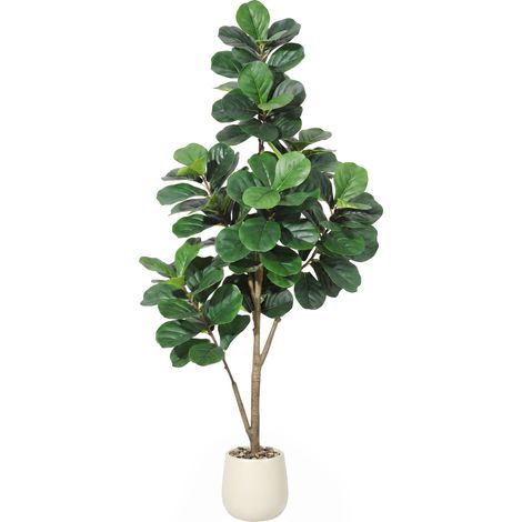 Arbre Ficus Lyrata Artificiel – Plante Décorative d’Intérieur Très Réaliste, Feuilles Denses, Facile à Monter, Idéal pour Salon ou Bureau, Pot  Blanc 22cm, Cadeau Crémaillère,180cm