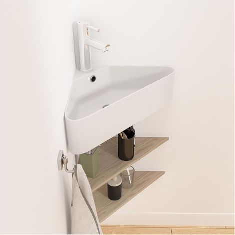 Mob-In – Vasque suspendue d'angle en céramique blanche 42,5cm – Design compact pour petits espaces – Facile à entretenir et installer