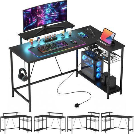HOMCOM L Shaped Desk with LED Lights and Storage, Black (1/5)