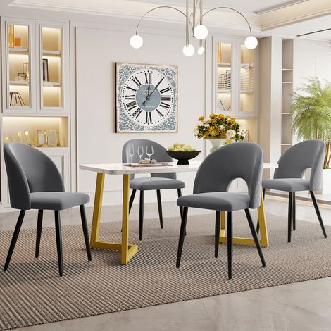 Conjunto de 5 Piezas Mesa y Sillas de Comedor, con 4 Sillas, Terciopelo, Gris (1/5)