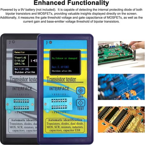 Tester per transistor NPN e PNP, misuratore di resistenza, induttanza, capacità, MOS, SCR e ESR con schermo TFT da 1,8 pollici e rilevamento automatico dei pin. (1/5)