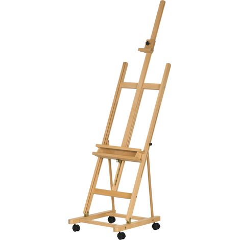Chevalet artiste sur roulettes – Bois hêtre, pour toiles jusqu’à 118 cm – Naturel, pliable (1/5)