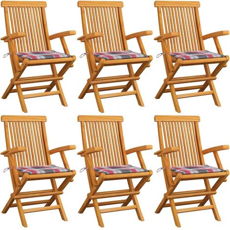 vidaXL Sillas plegables con cojines de estampado de cuadros rojos, 6 unidades, madera maciza de teca. (1/5)