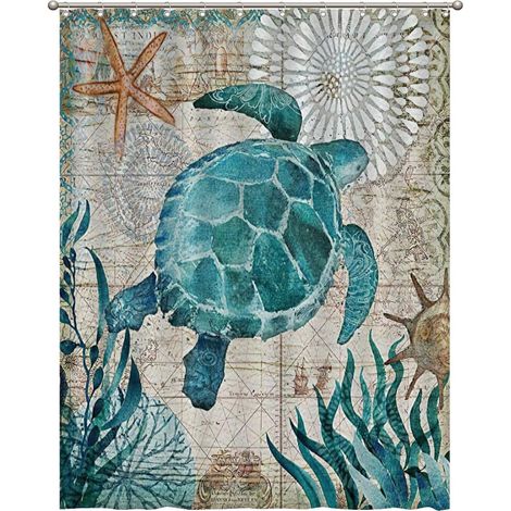 Cortina de ducha vintage de estilo náutico con estampado de tortugas azul turquesa – para baño – 120 cm x 180 cm (1/5)