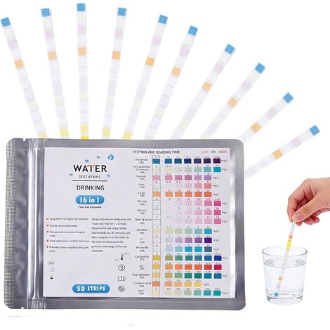 50 pcs Testeur d'eau potable 9-en-1,Bandelettes de Test 9 en 1 pour l'Eau Potable,Mesure de la dureté de l'eau,Testeur pour Analyse de la Qualité de l'Eau du Robinet (1/5)