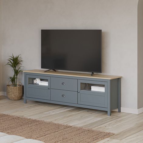 Meuble TV 2 portes 2 tiroirs 180x40x59 cm vert grisé et chêne - ZRATA (1/5)