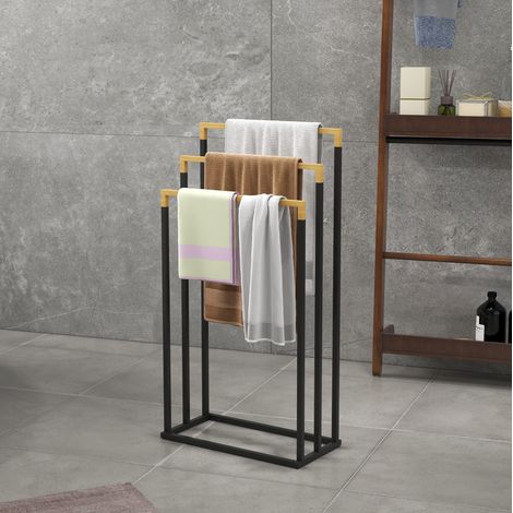 Porte-serviettes sur pied 3 niveaux 86 cm acier noir HAVRYA (1/3)