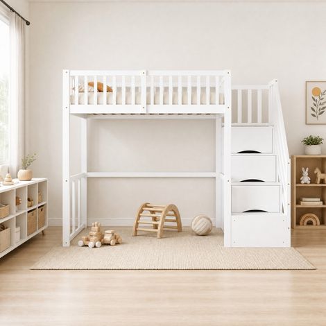 Letto a castello 252x97x180 cm, scale contenitore sicure, tavolo incluso, 15 doghe, legno, bianco (1/5)