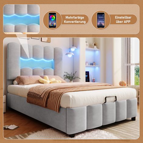 Lit 90x200 cm en velours gris, sans matelas, avec éclairage LED, mécanisme hydraulique et tête de lit ajustable (1/4)
