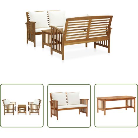 The Living Store Salon de jardin 3 pcs avec coussins Bois d'acacia massif - Salon De Jardin - Mobilier De Jardin - Ensemble De Jardin - Chaise Longue - Banc De Jardin (1/5)