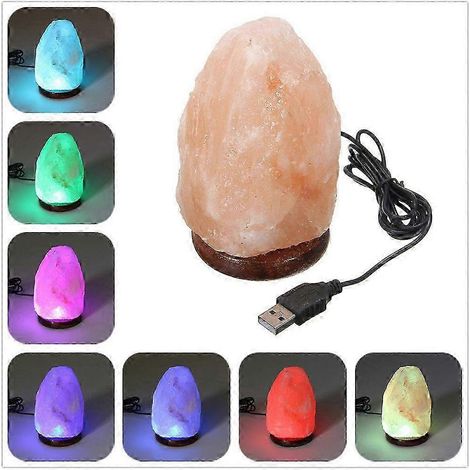 Lampe de sel de l'Himalaya, lampe décorative sculptée à la main, ampoule LED à faible consommation, base en bois sept couleurs et pierre de cristal pour la décoration de la chambre (10 cm L x 51 cm H) (1/5)