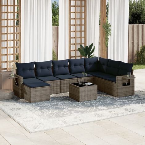 9-teiliges Gartensofa-Set mit Kissen, grau, Polyrattan (1/5)