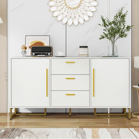 Sideboard MDF/PB Weiß mit 2 Türen, 3 Schubladen, verstellbaren Einlegeböden und Fischgrätenmuster (1/5)