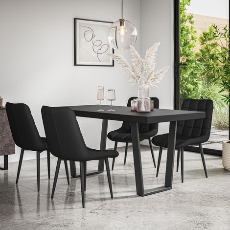 Aria Dining Table And Chairs - Black Table Top w Black Legs + Nova Faux Leather Dining Chair Set Of 4 (Black) (1/5)