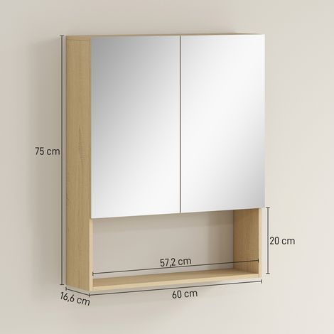 Badezimmerschrank, Spiegeltüren, offenes Regal, Wandmontage, MDF, Spanplatte, Eiche (1/5)