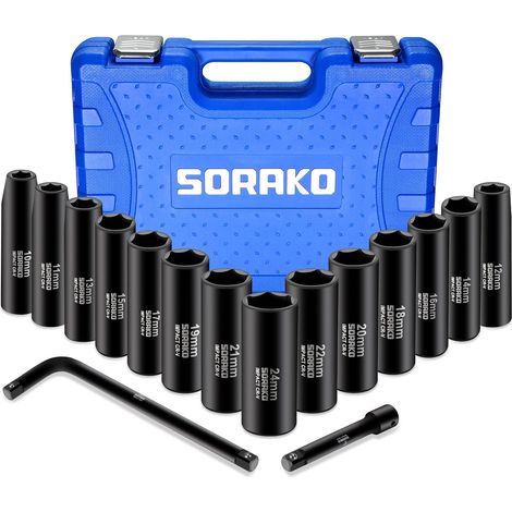 Douilles à Choc 1/2", 16 Pièces Coffret Douille Longue à Chocs 6 Pans de 10-24 mm Métriques, 2 Pièces Tige d'extension pour Perceuse Visseuse, Douilles et Coffrets, avec Boîte de Rangement (1/5)