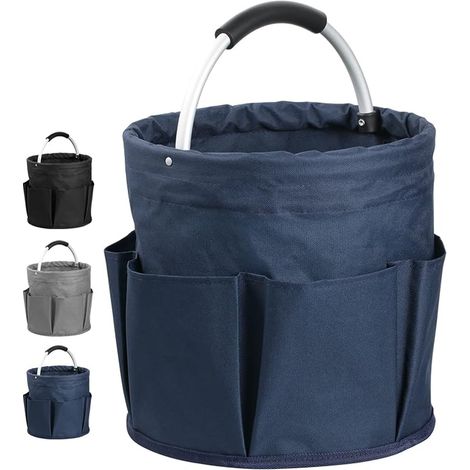 Foldable Bucket Tool Bag with Pockets, Round Garden Tool Bag, Multifunctional Basket with Handle, Storage Basket for Tools, Toys (Navy) (1/5)