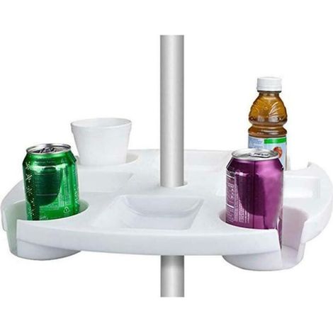 Runder 42 cm großer Strandtisch aus Kunststoff mit Sonnenschirm- und Poolzubehör, inklusive Becherhalter, Bierhalter und Ablage für Snacks, für Garten und Pool – Weiß