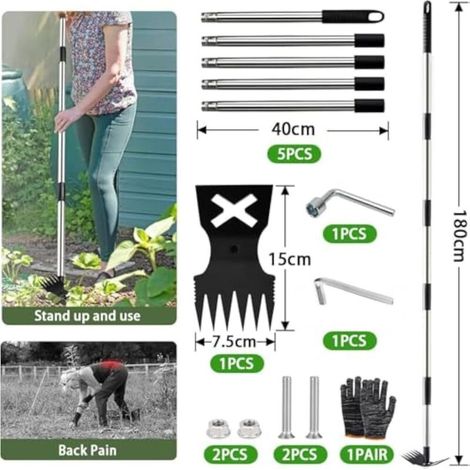 Manueller Unkrautstecher mit langem 180 cm Stiel, 2-in-1 Rechen und Gartenhacke zum Entfernen von Unkraut in Gärten, auf Rasenflächen und Terrassen (1/5)