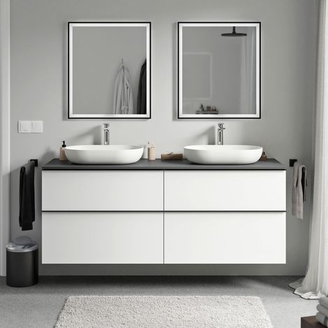 Unterschrank Bernstein LAVOA 160cm für Aufsatzwaschbecken Badmöbel: Weiß matt, Metallgriff: Schwarz matt, Waschtischplatte: Anthrazit matt