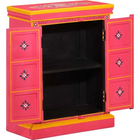 Buffet de Salle à Manger en Bois de Manguier Massif, Meuble de Rangement Artisanal Peint en Rose Poudré, Style Bohème Chic pour Cuisine et Salon (1/5)