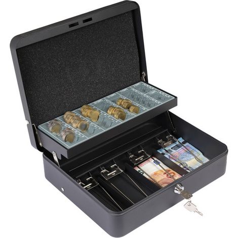 ARREGUI Cashier Clip C9244-EUR Caja Caudales con Llave para Contar y Transportar Dinero, Caja de Seguridad de acero con bandeja organizador de Monedas y clips Billetes, Caja fuerte portatil, Negro