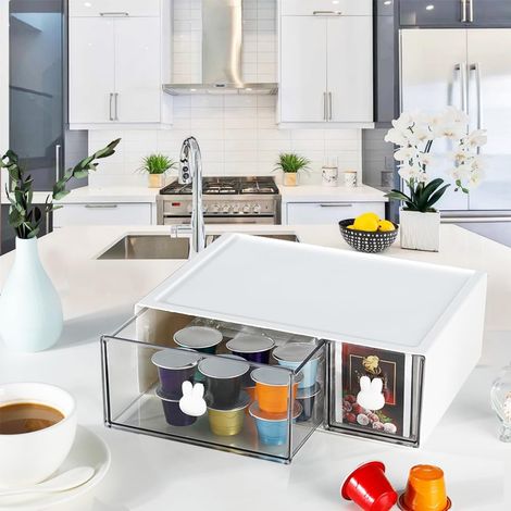 Organiseurs de Placards,Boite à Thé avec,Boite de Rangement Cuisine pour sachets de thé,café,etc.Casier de Rangement pour cuisine/salle de bain/dressing/Bureau, etc.(blanc) (1, white-2drs) (1/5)