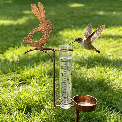 Pluviomètre jardin avec mangeoire à oiseaux, décoration extérieure lapin 2 en 1, indicateur de pluie pour pelouse et jardin