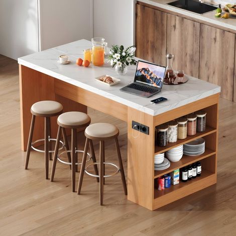 Isola cucina 155 x 80 x 90 cm con LED, prese 2x AC + 2x USB, piano da lavoro 40 mm, MDF (1/5)
