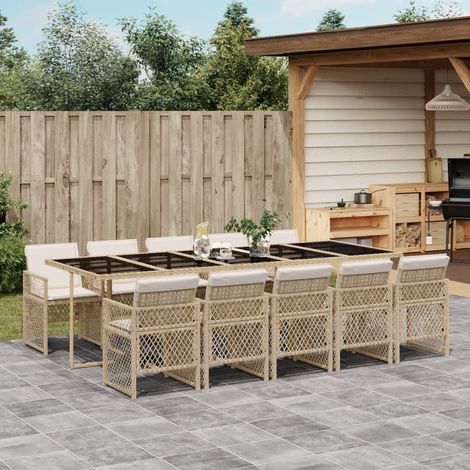 Set comedor de jardín 11 pzas con cojines ratán sintético beige vidaXL