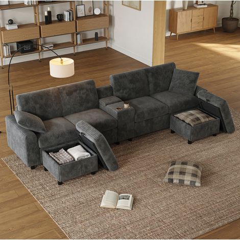 Divano U in velluto a coste grigio con 2 pouf, tavolino centrale e USB HAVRYA (1/5)