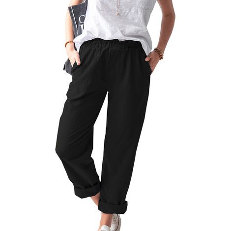 Pantalon droit confortable Mikilon pour femme, couleur unie décontractée, poches et taille élastique. (1/5)