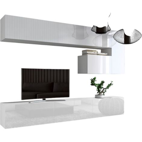 Ensemble meubles de salon suspendus blanc collection CEPTO XV. 249cm, 8 meubles, leds.