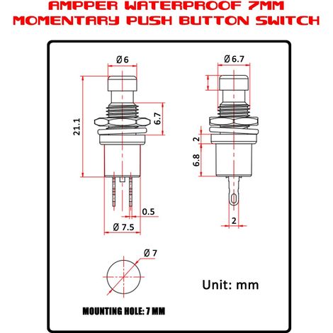 MINI Interrupteurs à bouton poussoir momentané, Ampper 2 Pin On Off 1A 250V AC 7MM Round SPST Normal Open Momentary Pushbutton Switches (Red, Pack of 20) (1/4)
