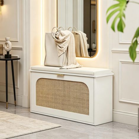 Banco de rangement et pour chaussures avec assise rembourrée, casier fermable escamotable et porte rouge pour l'entrée (1/5)