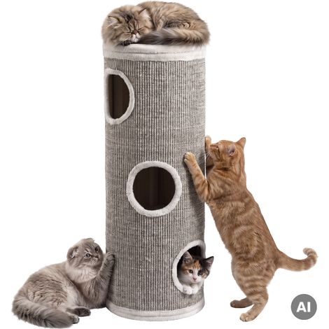 Fudajo Barril rascador Forest para gatos, multicolor - crema, altura 106 cm, diámetro 40 cm, incluye cojín, tonel poste árbol para gatos con 3 entradas (1/5)