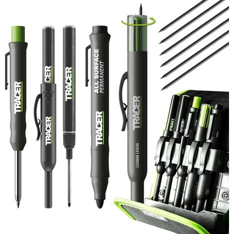Kit de 5 marqueurs de construction avec étui de rangement – Crayon de charpentier, 2 marqueurs à pointe longue, marqueur sans obstruction et distributeur de mines de rechange (1/5)