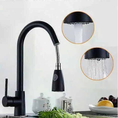Robinet de cuisine extractible - Acier inoxydable 304, eau chaude et froide, pivotant, noir (1/5)