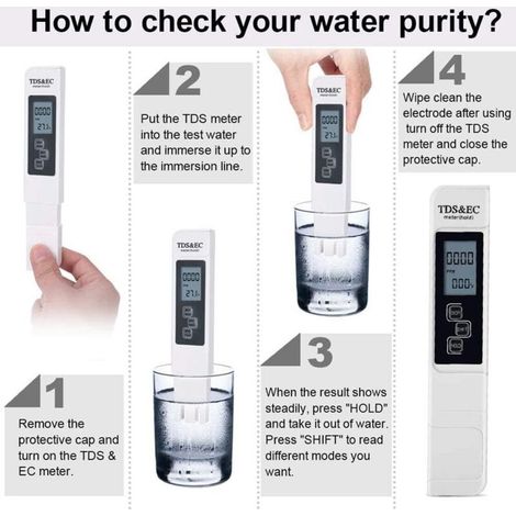 Testeur 3-en-1 TDS Testeur de pH Test de qualité d'eau de Piscine Conductimètre avec écran LCD Haute précision et Fonction d'étalonnage Automatique (1/3)