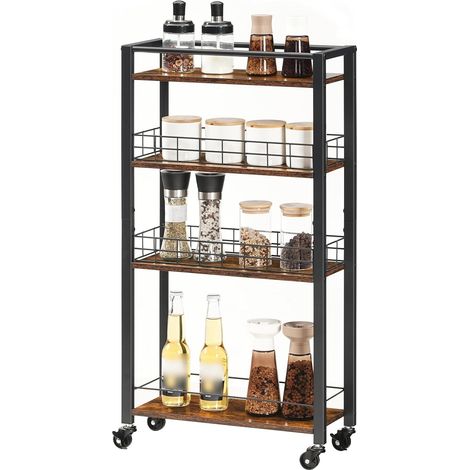 Chariot de Cuisine à 4 Niveaux, Chariot de Service étroit, Rangement à roulettes avec paniers, pour Cuisine, Salle de Bains, Salle à Manger, buanderie, Marron Rustique et Noir (1/5)